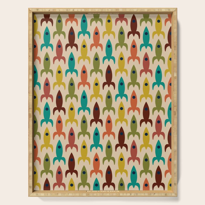 Space Age Rocket Ships - Atomic Age Mid-Century Modern Pattern in Mid Mod Colors on Beige Serving Tray Gallery Image 1