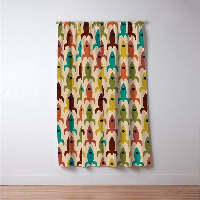Space Age Rocket Ships - Atomic Age Mid-Century Modern Pattern in Mid Mod Colors on Beige Window Curtain Gallery Image 3