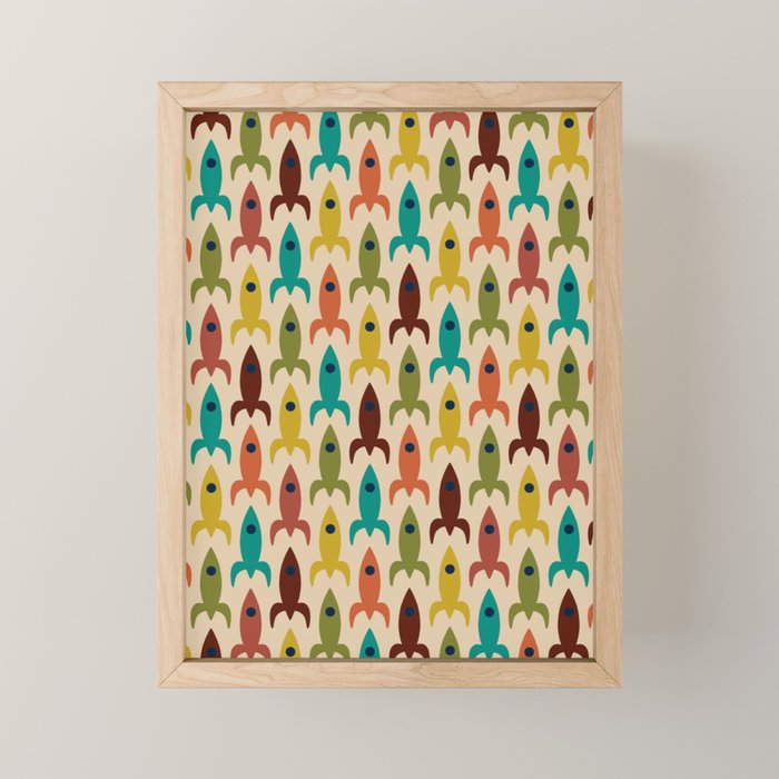 Space Age Rocket Ships - Atomic Age Mid-Century Modern Pattern in Mid Mod Colors on Beige Mini Art Print Gallery Image 1