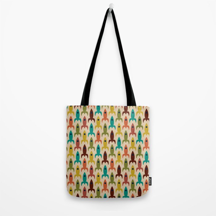 Space Age Rocket Ships - Atomic Age Mid-Century Modern Pattern in Mid Mod Colors on Beige Tote Bag Gallery Image 2
