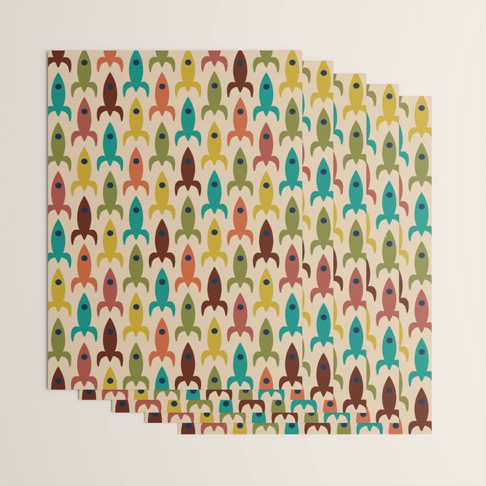 Space Age Rocket Ships - Atomic Age Mid-Century Modern Pattern in Mid Mod Colors on Beige Wrapping Paper Gallery Image 3