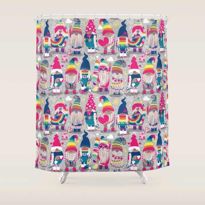 I gnome you // grey background little happy and lovely gnomes with rainbows fuchsia pink hearts Shower Curtain Gallery Image 1