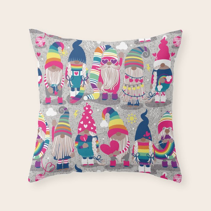 I gnome you // grey background little happy and lovely gnomes with rainbows fuchsia pink hearts Throw Pillow Gallery Image 1