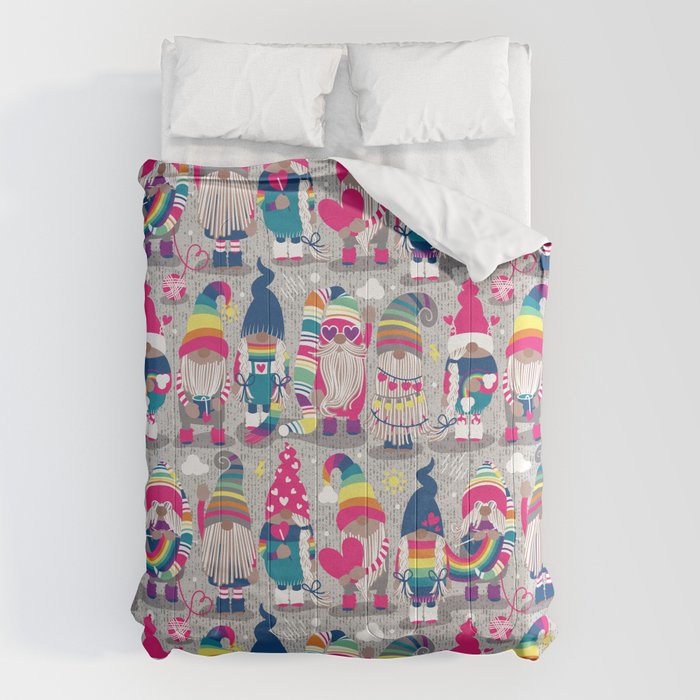 I gnome you // grey background little happy and lovely gnomes with rainbows fuchsia pink hearts Comforter Gallery Image 1