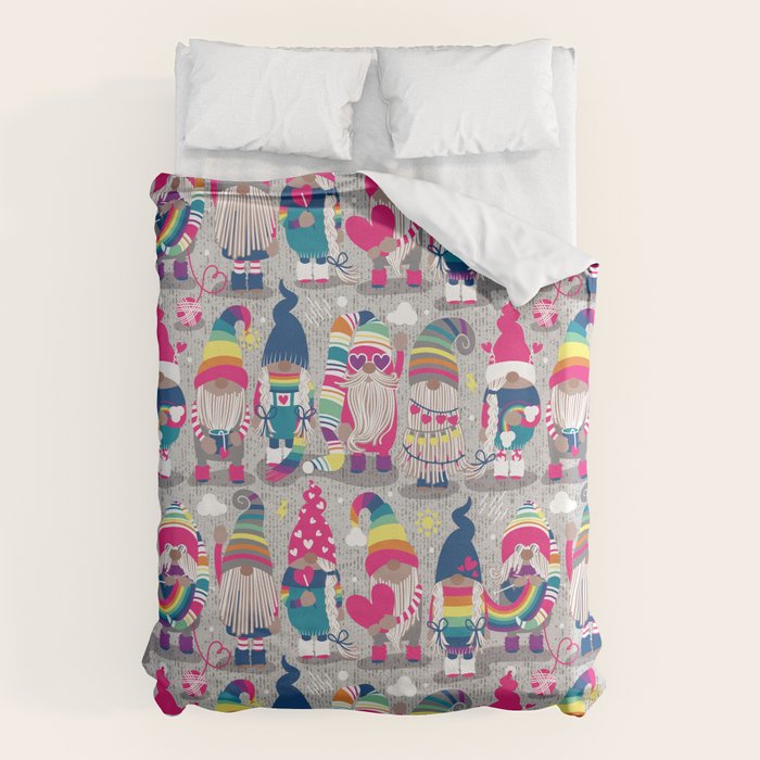 I gnome you // grey background little happy and lovely gnomes with rainbows fuchsia pink hearts Duvet Cover Gallery Image 1