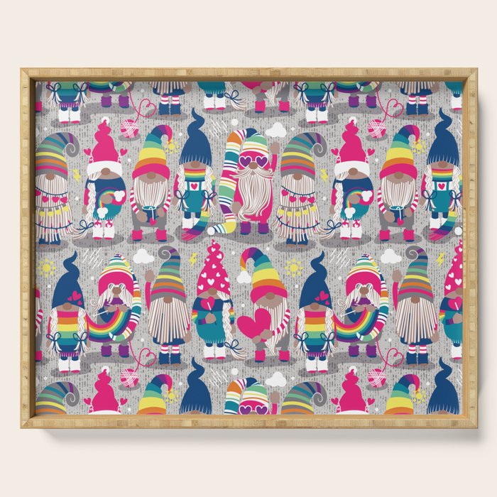 I gnome you // grey background little happy and lovely gnomes with rainbows fuchsia pink hearts Serving Tray Gallery Image 1