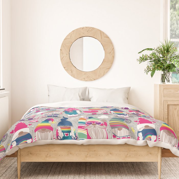 I gnome you // grey background little happy and lovely gnomes with rainbows fuchsia pink hearts Duvet Cover Gallery Image 3
