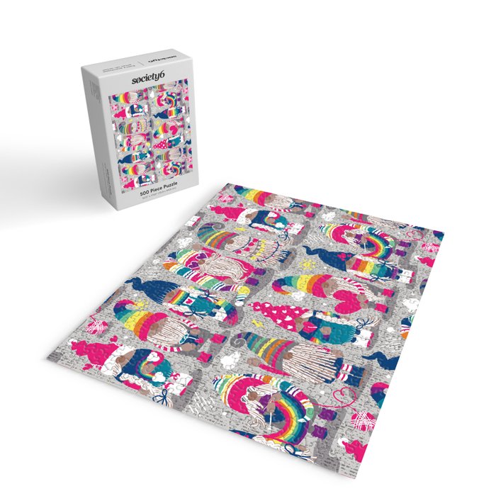 I gnome you // grey background little happy and lovely gnomes with rainbows fuchsia pink hearts Jigsaw Puzzle Gallery Image 2