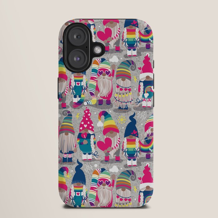 I gnome you // grey background little happy and lovely gnomes with rainbows fuchsia pink hearts iPhone Case Gallery Image 9