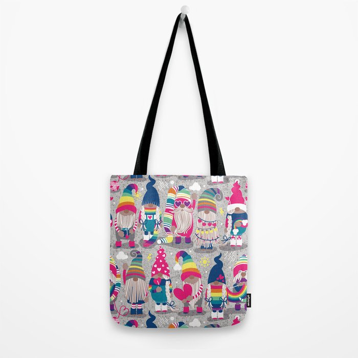 I gnome you // grey background little happy and lovely gnomes with rainbows fuchsia pink hearts Tote Bag Gallery Image 2