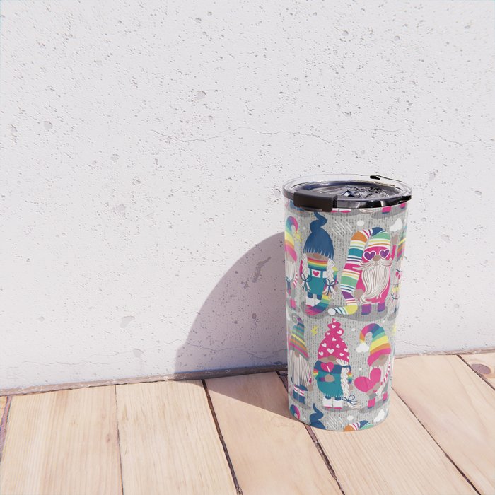 I gnome you // grey background little happy and lovely gnomes with rainbows fuchsia pink hearts Travel Mug Gallery Image 4