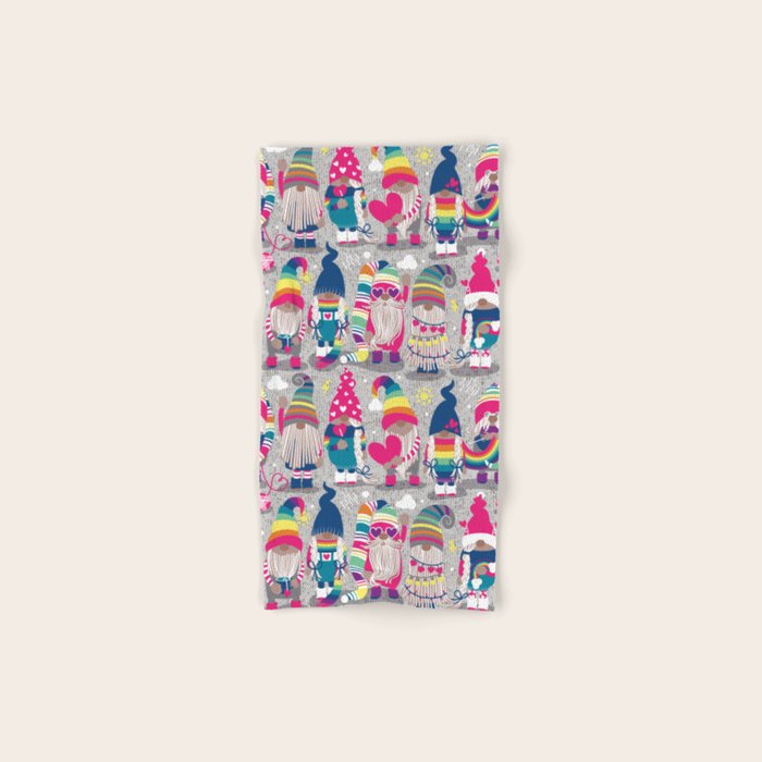 I gnome you // grey background little happy and lovely gnomes with rainbows fuchsia pink hearts Bath Towel Gallery Image 1