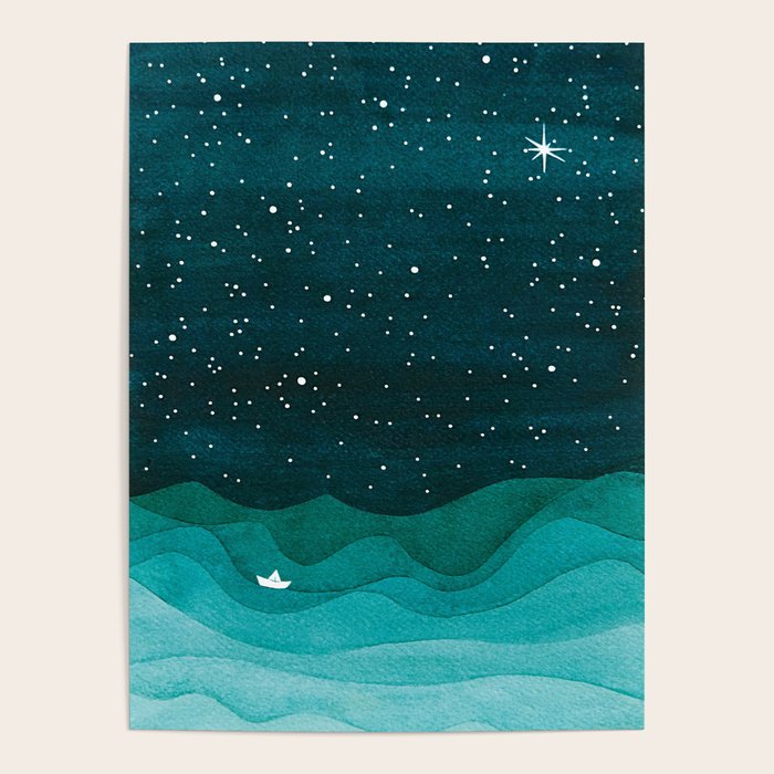 Starry Ocean, teal sailboat watercolor sea waves night Poster Gallery Image 1