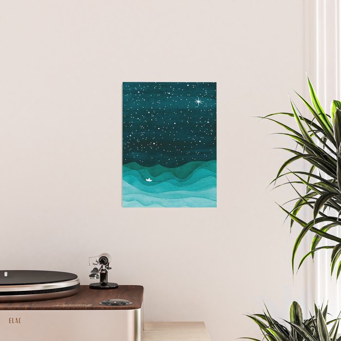 Starry Ocean, teal sailboat watercolor sea waves night Poster Gallery Image 2