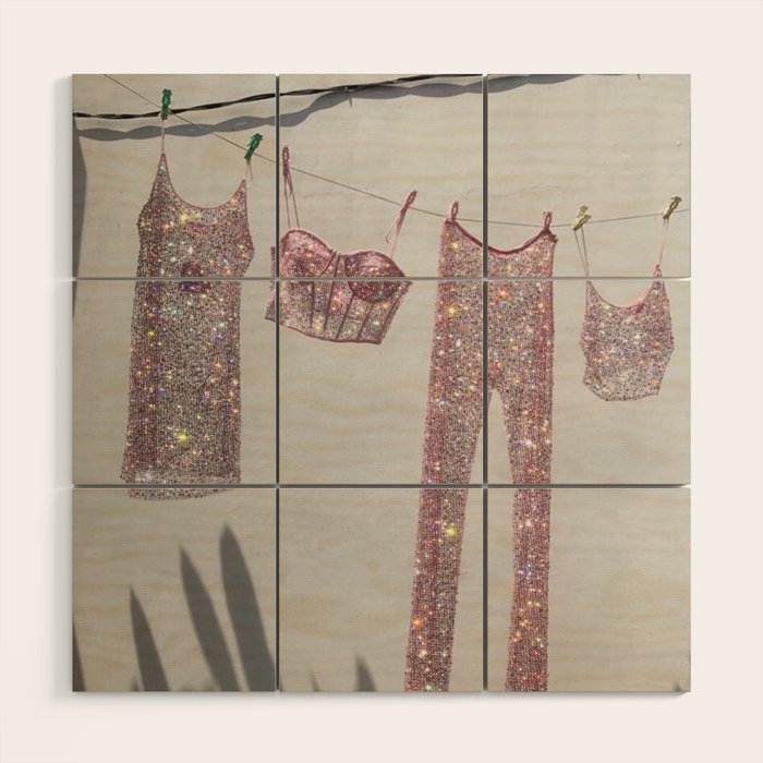 SATURDAY MORNING - collage art, glitter  artwork by Yana Potter, bling and shiny, summer mood, sunny Wood Wall Art Gallery Image 1