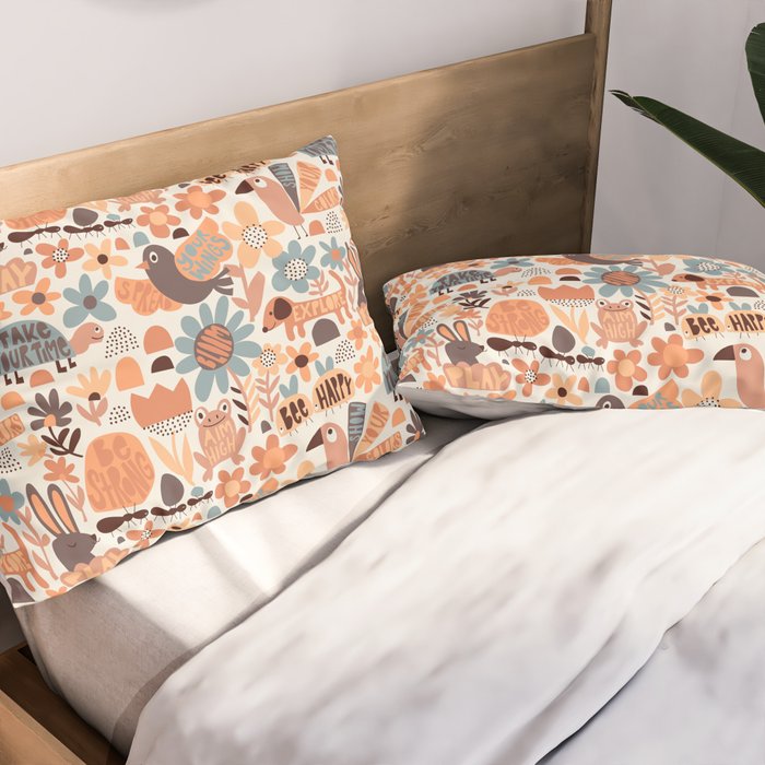 Playful Meadow Cute Animals with Motivational Affirmations - Groovy Flower Child Pillow Sham Gallery Image 2