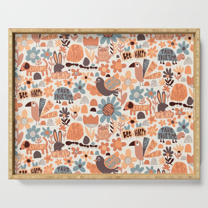 Playful Meadow Cute Animals with Motivational Affirmations - Groovy Flower Child Serving Tray Gallery Image 1