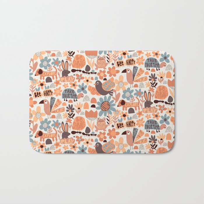 Playful Meadow Cute Animals with Motivational Affirmations - Groovy Flower Child Bath Mat Gallery Image 1