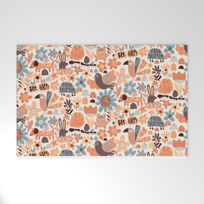Playful Meadow Cute Animals with Motivational Affirmations - Groovy Flower Child Welcome Mat Gallery Image 1