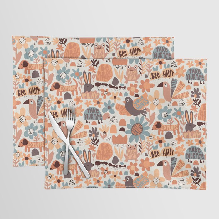 Playful Meadow Cute Animals with Motivational Affirmations - Groovy Flower Child Placemat Gallery Image 1