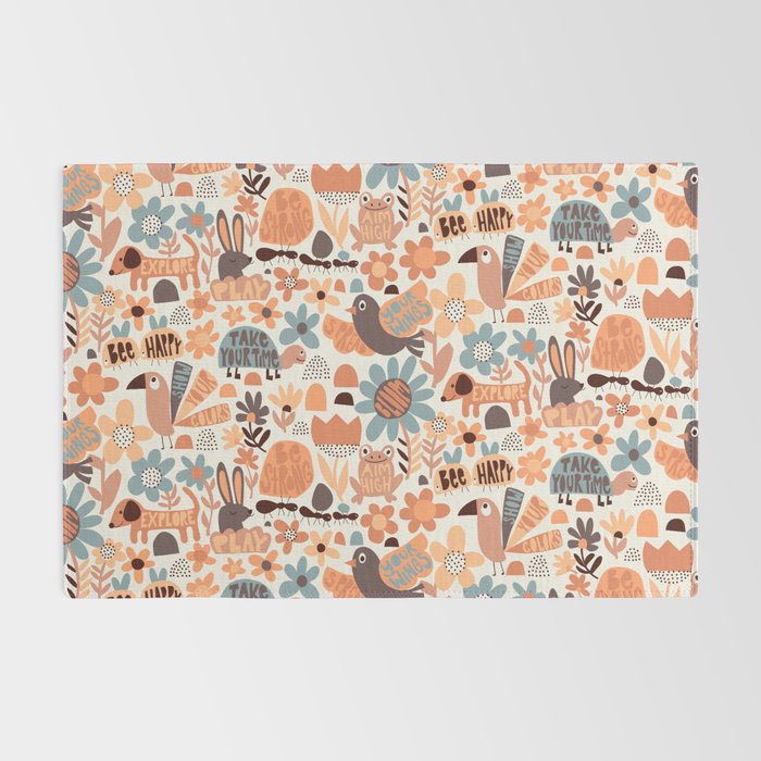 Playful Meadow Cute Animals with Motivational Affirmations - Groovy Flower Child Rug Gallery Image 2