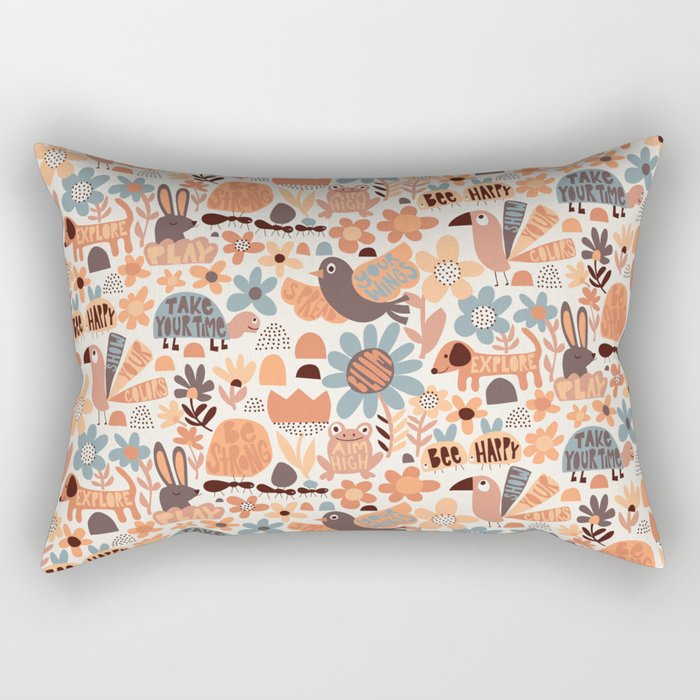 Playful Meadow Cute Animals with Motivational Affirmations - Groovy Flower Child Rectangular Pillow Gallery Image 2