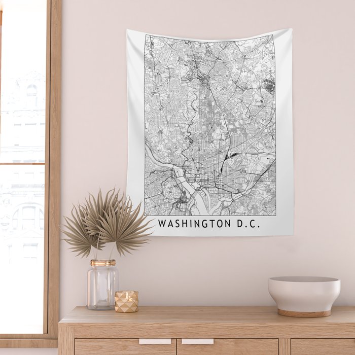 Washington DC White Map Wall Tapestry Gallery Image 2