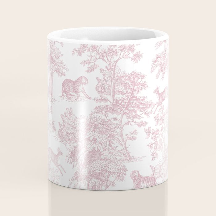Toile de Jouy Vintage French Exotic Jungle Forest Baby Pink & White Coffee Mug Gallery Image 4