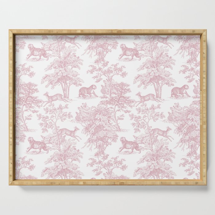 Toile de Jouy Vintage French Exotic Jungle Forest Baby Pink & White Serving Tray Gallery Image 1