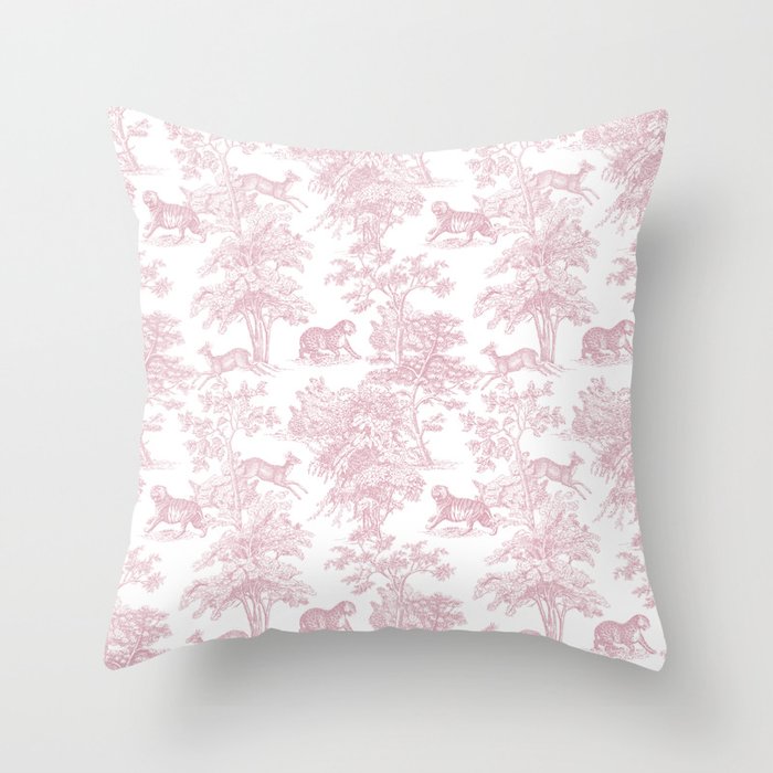 Toile de Jouy Vintage French Exotic Jungle Forest Baby Pink & White Throw Pillow Gallery Image 1