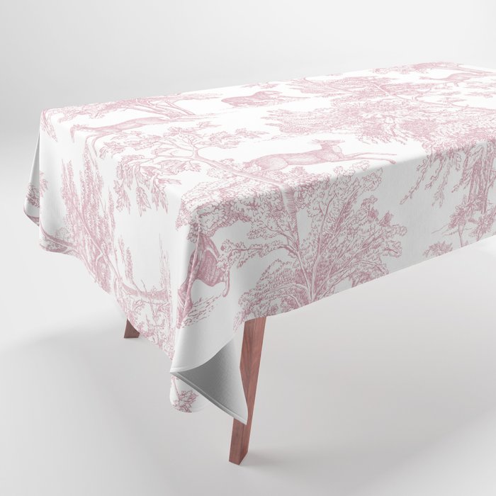 Toile de Jouy Vintage French Exotic Jungle Forest Baby Pink & White Tablecloth Gallery Image 1