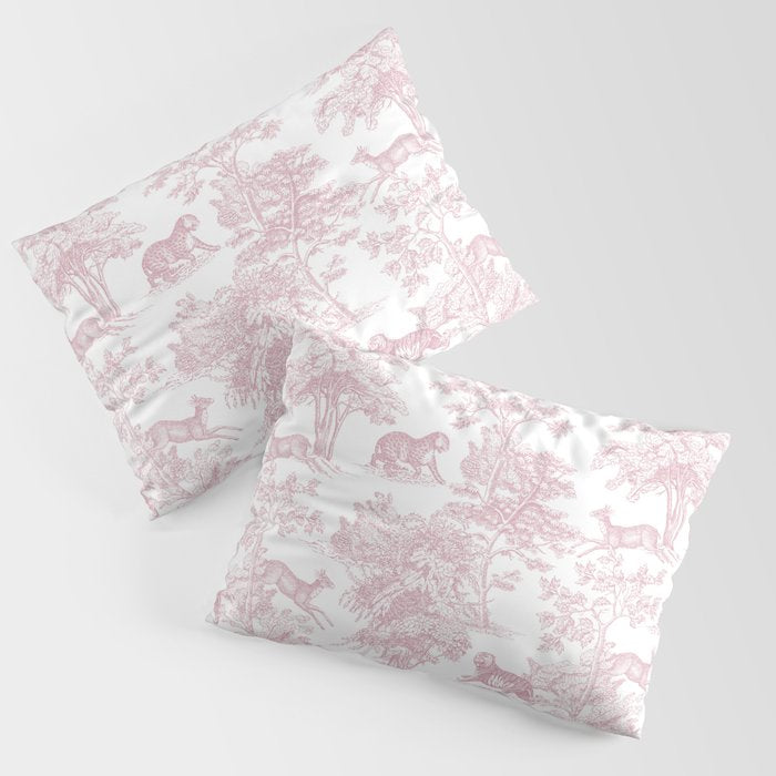 Toile de Jouy Vintage French Exotic Jungle Forest Baby Pink & White Pillow Sham Gallery Image 1