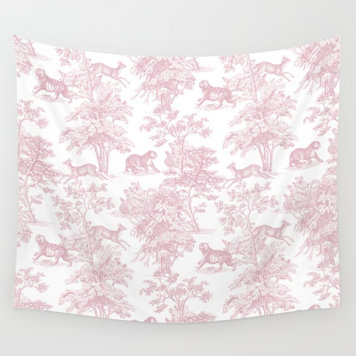 Toile de Jouy Vintage French Exotic Jungle Forest Baby Pink & White Wall Tapestry Gallery Image 1