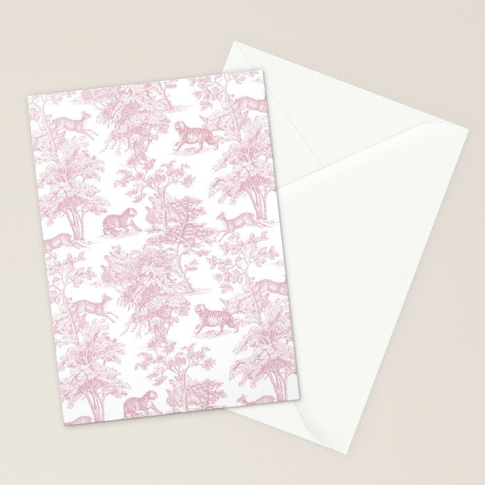 Toile de Jouy Vintage French Exotic Jungle Forest Baby Pink & White Stationery Card Gallery Image 2