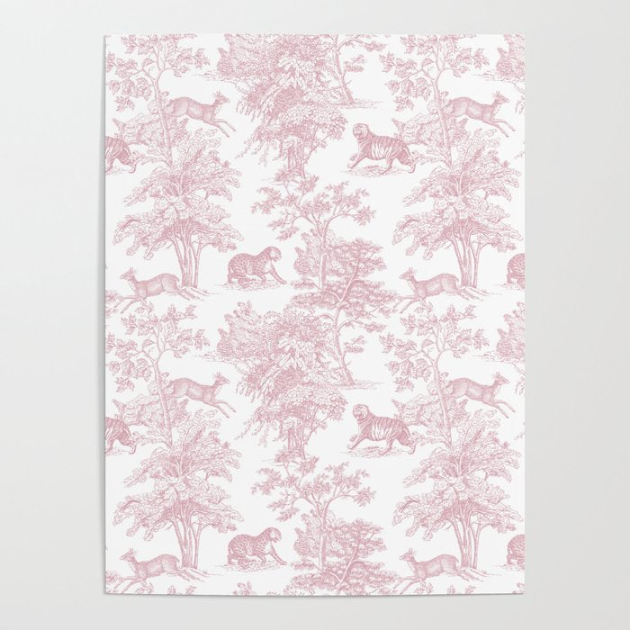 Toile de Jouy Vintage French Exotic Jungle Forest Baby Pink & White Poster Gallery Image 1
