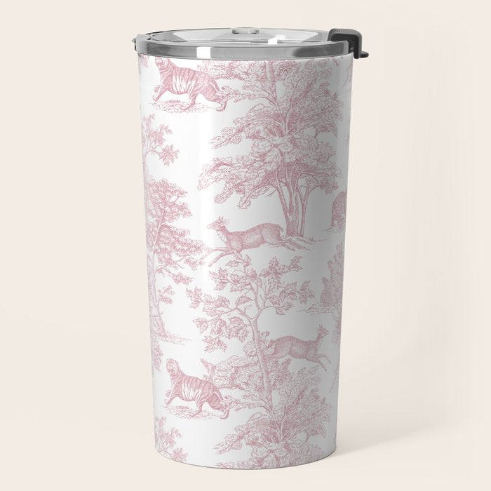 Toile de Jouy Vintage French Exotic Jungle Forest Baby Pink & White Travel Mug Gallery Image 2