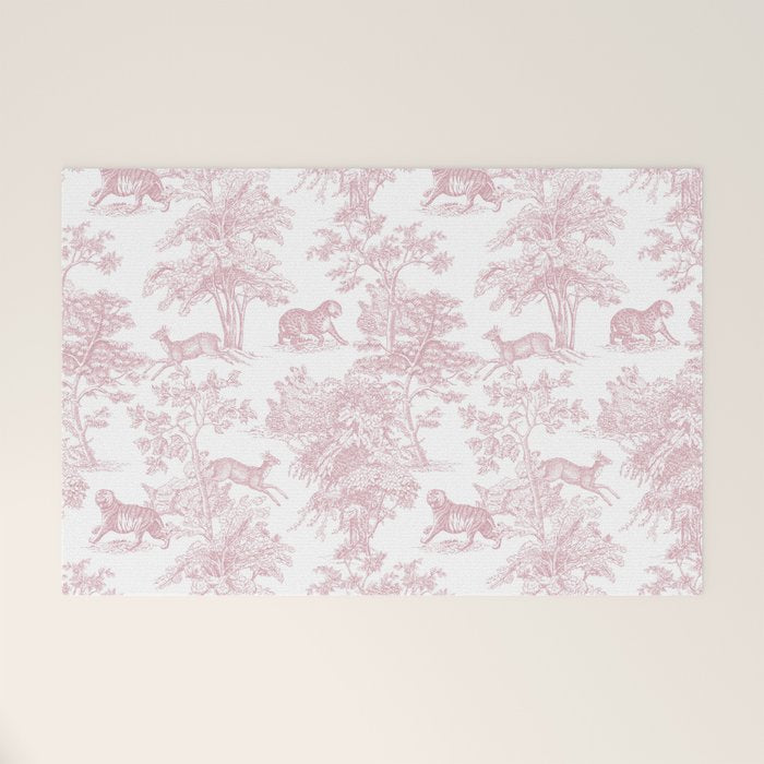Toile de Jouy Vintage French Exotic Jungle Forest Baby Pink & White Welcome Mat Gallery Image 1