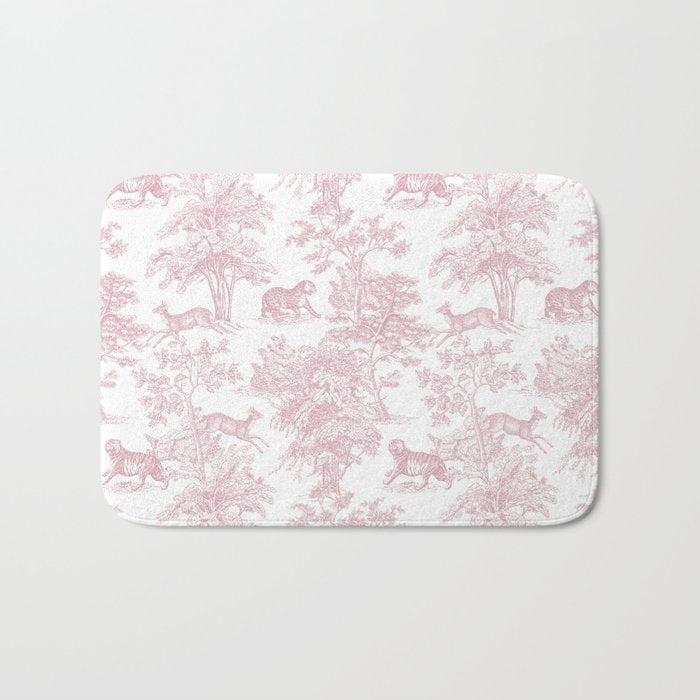 Toile de Jouy Vintage French Exotic Jungle Forest Baby Pink & White Bath Mat Gallery Image 1