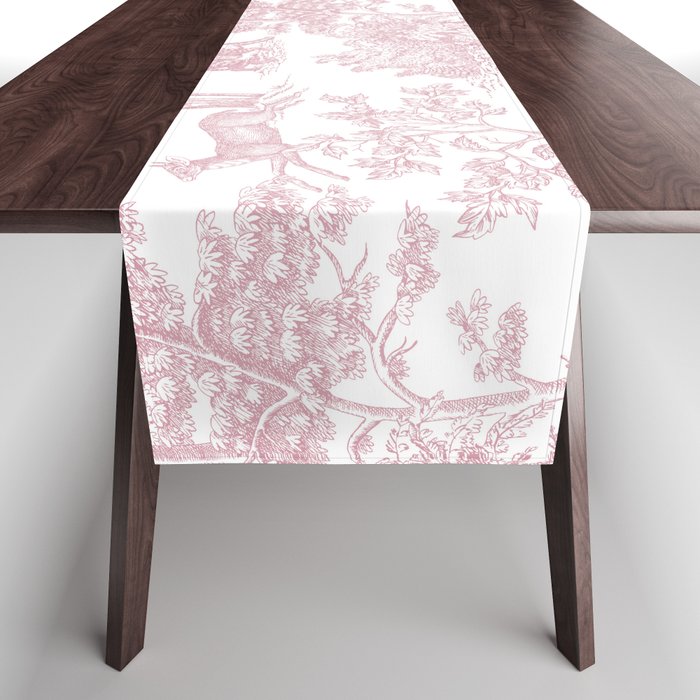 Toile de Jouy Vintage French Exotic Jungle Forest Baby Pink & White Table Runner Gallery Image 1