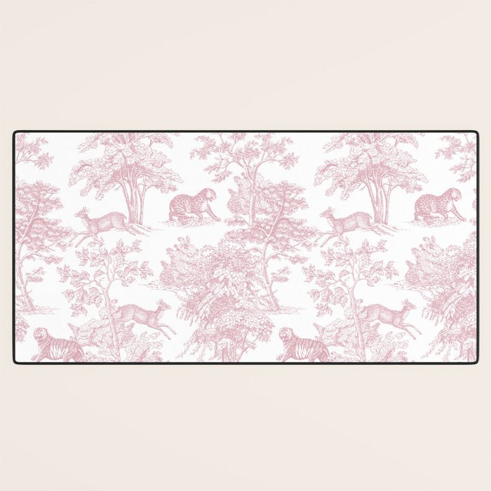 Toile de Jouy Vintage French Exotic Jungle Forest Baby Pink & White Desk Mat Gallery Image 3