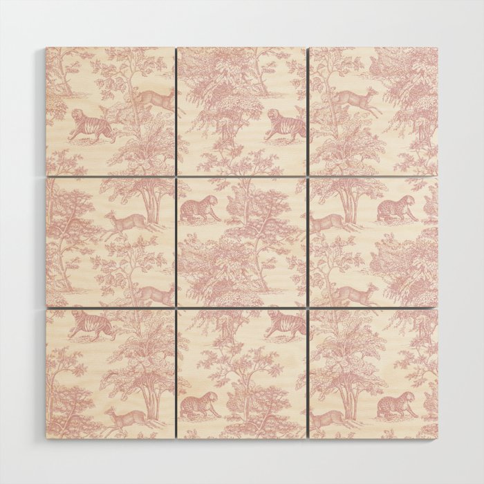 Toile de Jouy Vintage French Exotic Jungle Forest Baby Pink & White Wood Wall Art Gallery Image 1