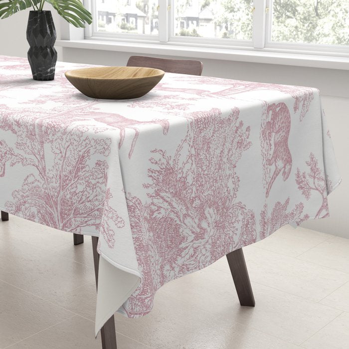 Toile de Jouy Vintage French Exotic Jungle Forest Baby Pink & White Tablecloth Gallery Image 3