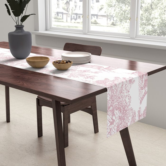 Toile de Jouy Vintage French Exotic Jungle Forest Baby Pink & White Table Runner Gallery Image 2