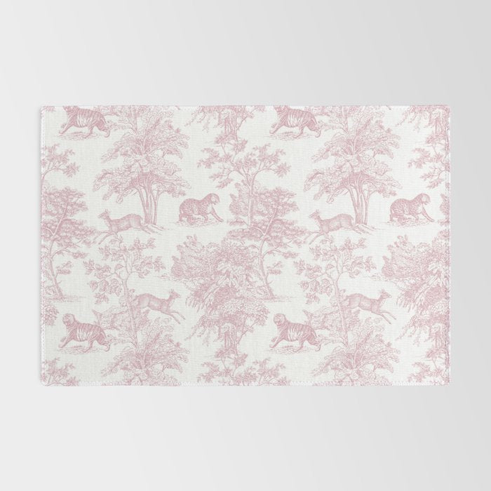 Toile de Jouy Vintage French Exotic Jungle Forest Baby Pink & White Rug Gallery Image 2