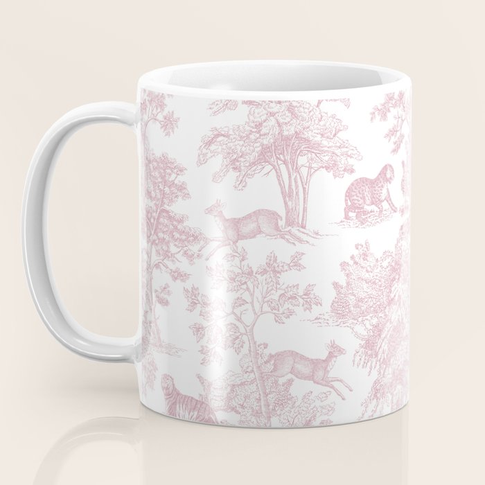 Toile de Jouy Vintage French Exotic Jungle Forest Baby Pink & White Coffee Mug Gallery Image 3