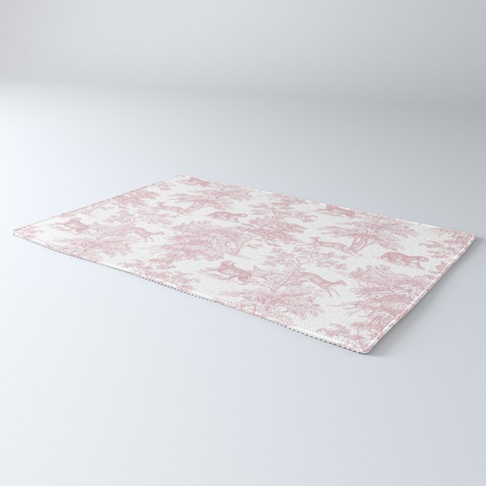 Toile de Jouy Vintage French Exotic Jungle Forest Baby Pink & White Rug Gallery Image 3