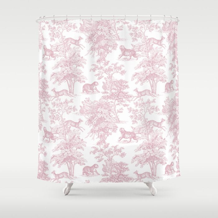 Toile de Jouy Vintage French Exotic Jungle Forest Baby Pink & White Shower Curtain Gallery Image 1