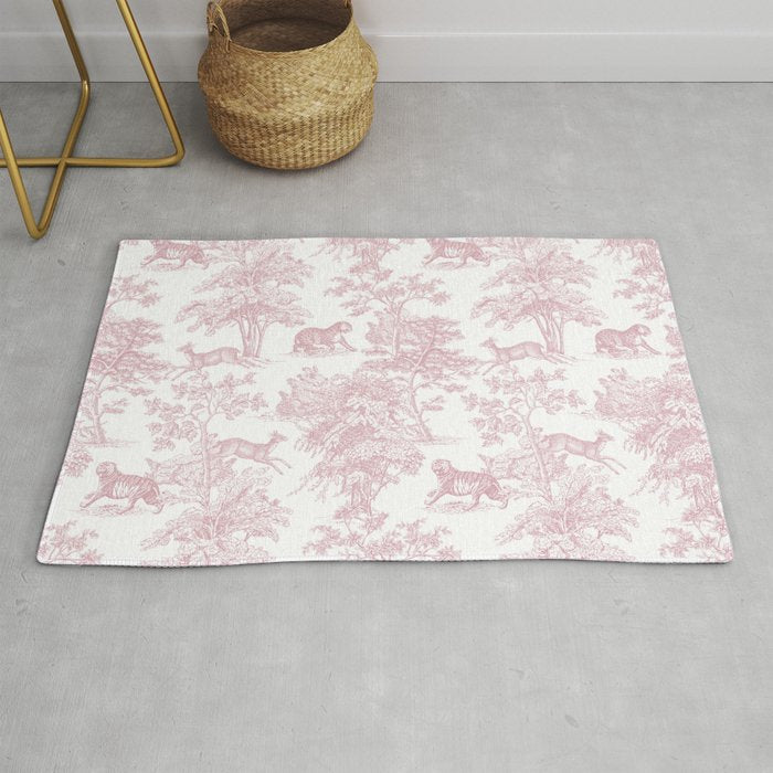 Toile de Jouy Vintage French Exotic Jungle Forest Baby Pink & White Rug Gallery Image 1