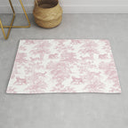 Toile de Jouy Vintage French Exotic Jungle Forest Baby Pink & White Rug Gallery Image 1