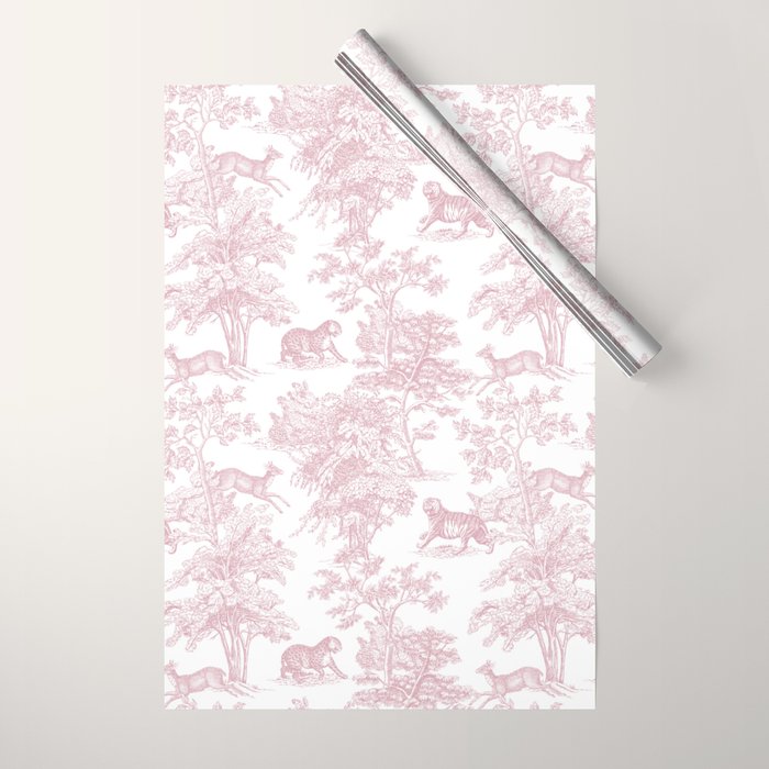 Toile de Jouy Vintage French Exotic Jungle Forest Baby Pink & White Wrapping Paper Gallery Image 1